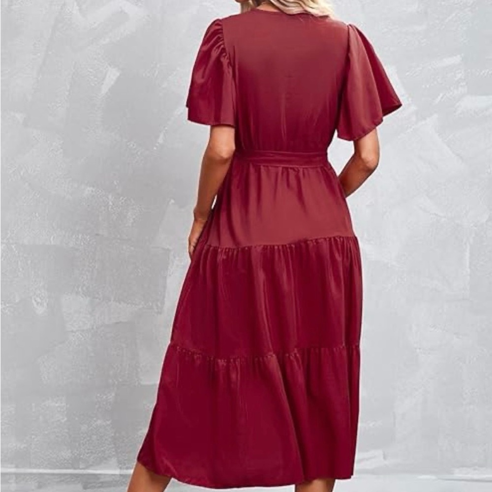 5/$10 - Elegant Burgundy Tiered Flutter Sleeve Dress - Picture 3 of 7